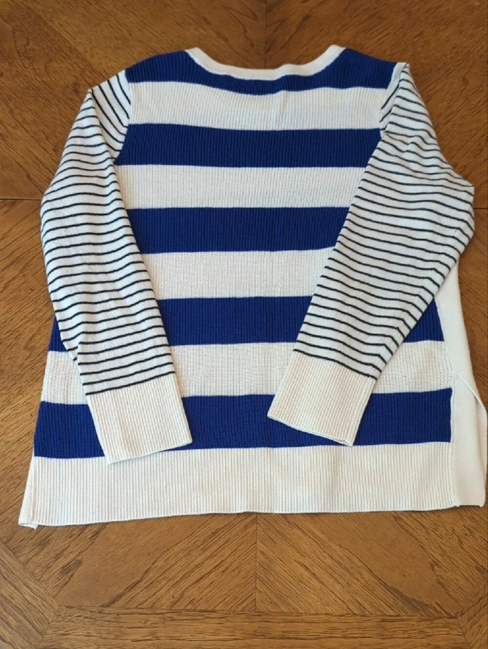 LOFT Blue, Black, and White Striped Crewneck Sweater